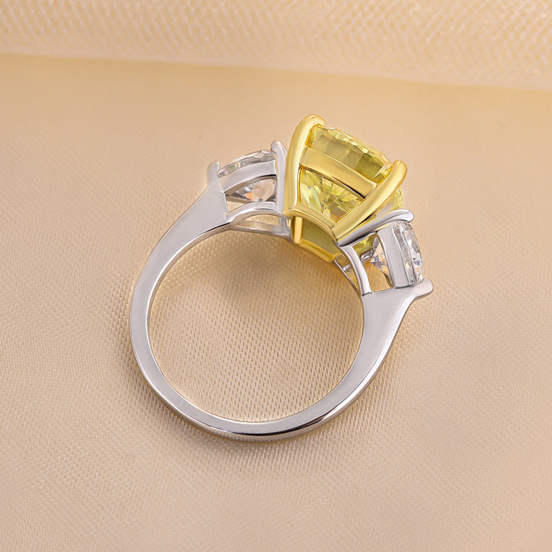 Elegant Cushion Cut Three Stone Yellow Sapphire Engagement Ring In Sterling Silver