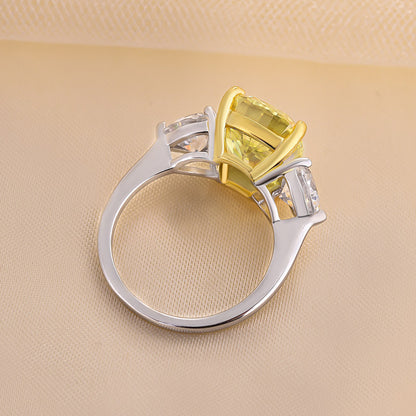 Elegant Cushion Cut Three Stone Yellow Sapphire Engagement Ring In Sterling Silver