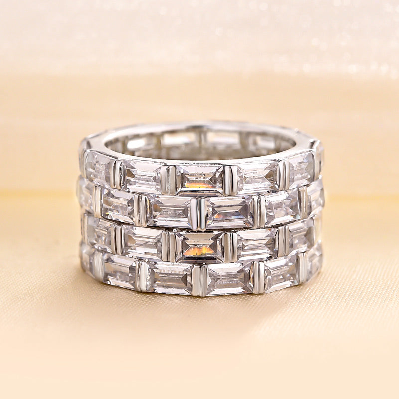 Luxurious 4 Rows Emerald Cut Women's Wedding Band In Sterling Silver-Maxinejewelry