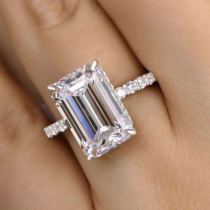 Exclusive Elongated Emerald Cut Engagement Ring In Sterling Silver