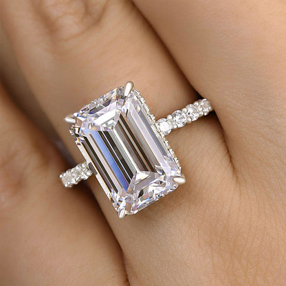 Exclusive Elongated Emerald Cut Engagement Ring In Sterling Silver