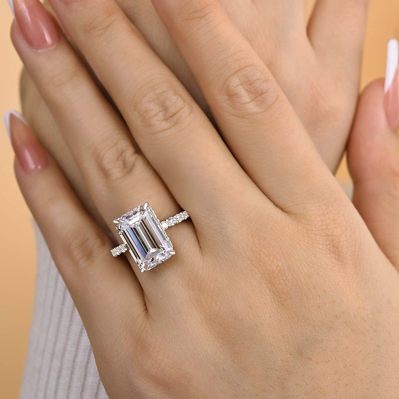 Exclusive Elongated Emerald Cut Engagement Ring In Sterling Silver