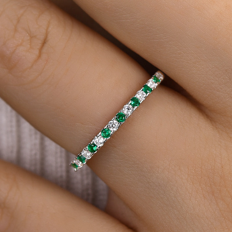 Stunning Half Eternity Emerald Green And White Stone Wedding Band