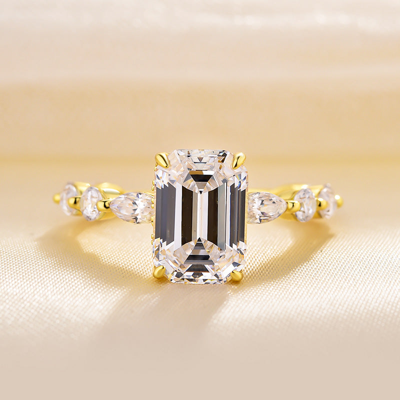 Gorgeous Yellow Gold Emerald Cut Engagement Ring In Sterling Silver-Maxinejewelry