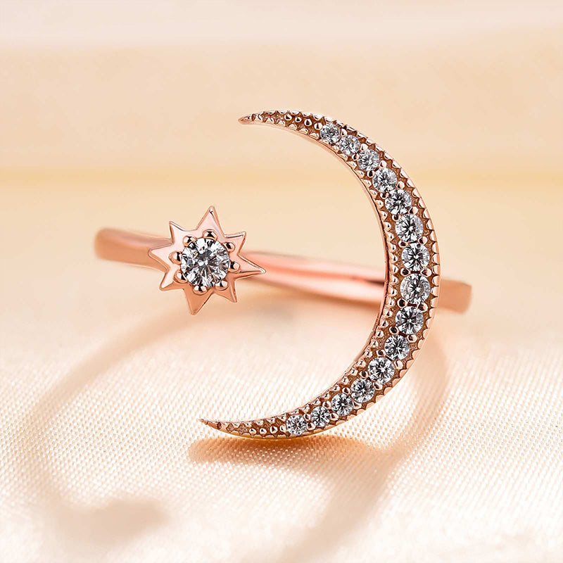 Crescent Moon &amp; Star Adjustable Open Ring