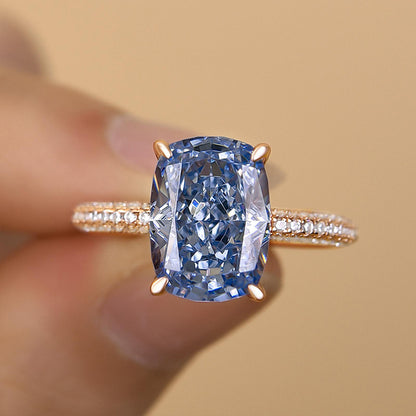 Elegant Cushion Cut Blue Sapphire Engagement Ring In Sterling Silver