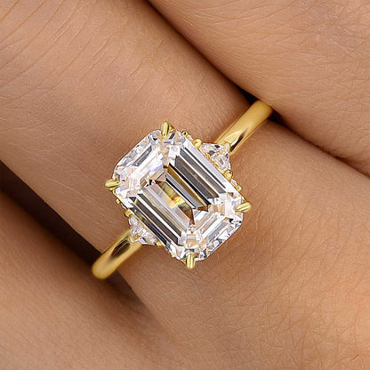 Dainty Three Stone Yellow Gold Emerald Cut Engagement Ring