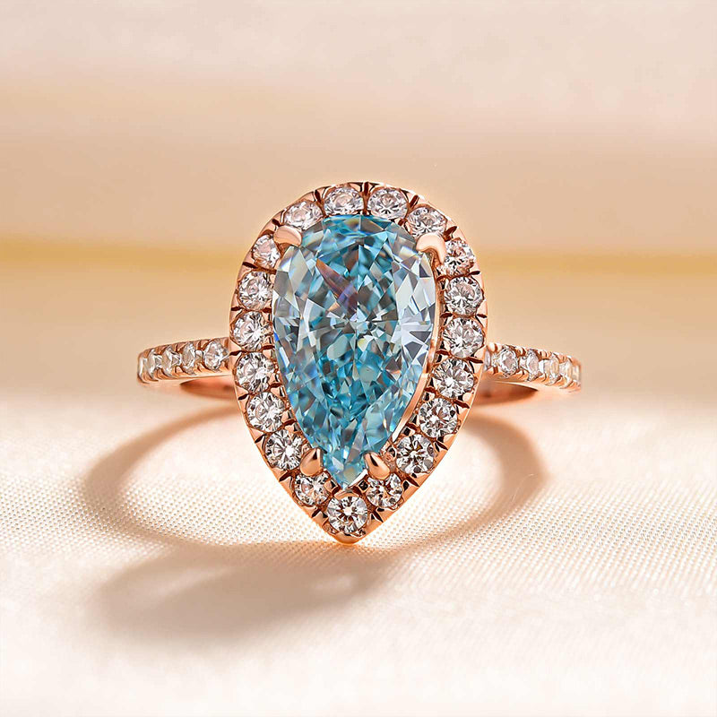 Exquisite Rose Gold Halo Pear Cut Cyan Blue Engagement Ring-Maxinejewelry