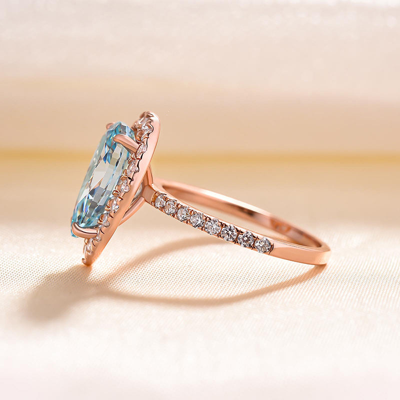 Exquisite Rose Gold Halo Pear Cut Cyan Blue Engagement Ring-Maxinejewelry