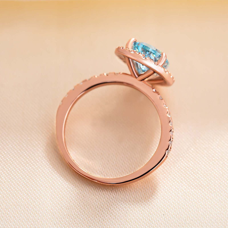 Exquisite Rose Gold Halo Pear Cut Cyan Blue Engagement Ring-Maxinejewelry