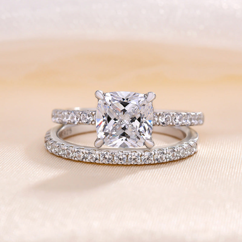 Excellent Cushion Cut Wedding Ring Set For Women In Sterling Silver-Maxinejewelry