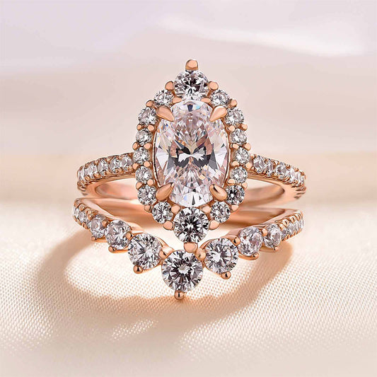 Rose Gold Unique Design Halo Oval Cut Wedding Set In Sterling Silver-Maxinejewelry