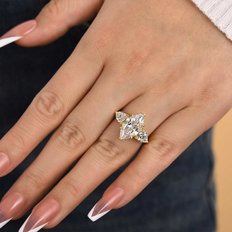 Noble Yellow Gold Three Stone Marquise Cut Engagement Ring