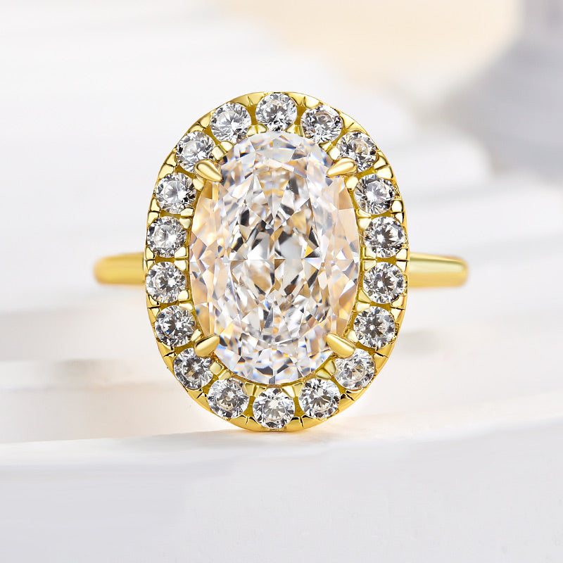 Exquisite Yellow Gold Halo Oval Cut Engagement Ring In Sterling Silver