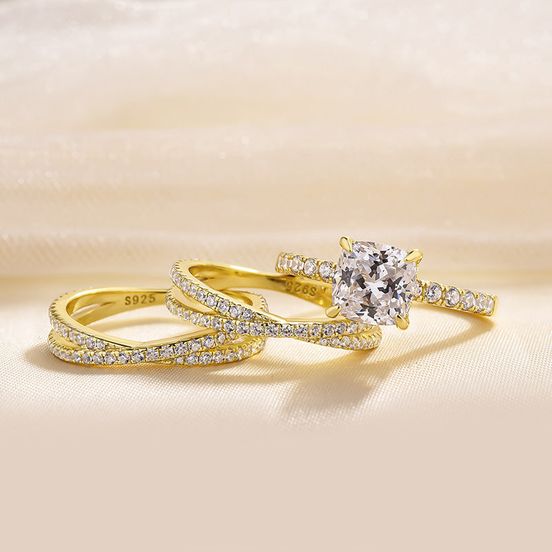 Elegant Yellow Gold Cushion Cut 3PC Wedding Rings Set In Sterling Silver-Maxinejewelry