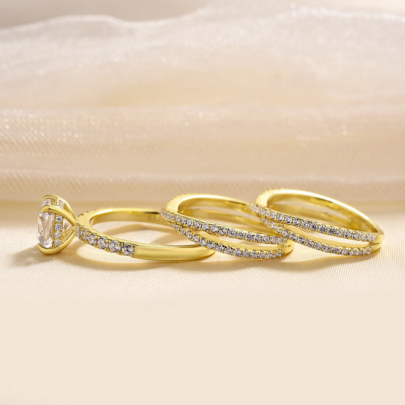 Elegant Yellow Gold Cushion Cut 3PC Wedding Rings Set In Sterling Silver-Maxinejewelry