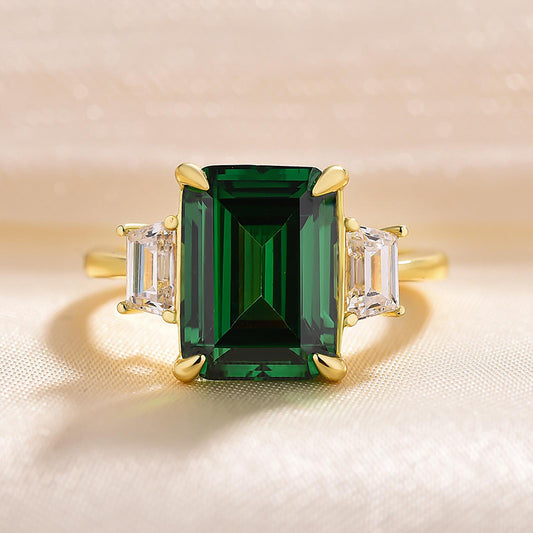 Yellow Gold Emerald Green Emerald Cut Three Stone Engagement Ring-Maxinejewelry