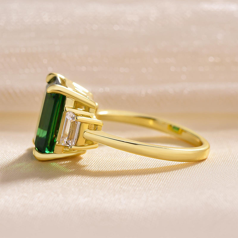 Yellow Gold Emerald Green Emerald Cut Three Stone Engagement Ring-Maxinejewelry