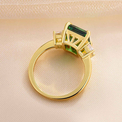 Yellow Gold Emerald Green Emerald Cut Three Stone Engagement Ring-Maxinejewelry