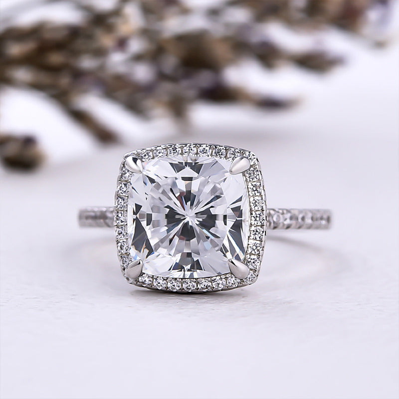 Amazing 3.2 Carat Cushion Cut Halo Engagement Ring In Sterling Silver-Maxinejewelry