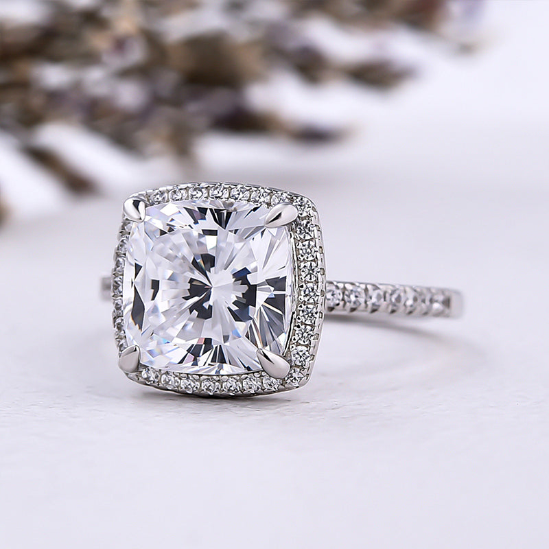 Amazing 3.2 Carat Cushion Cut Halo Engagement Ring In Sterling Silver-Maxinejewelry