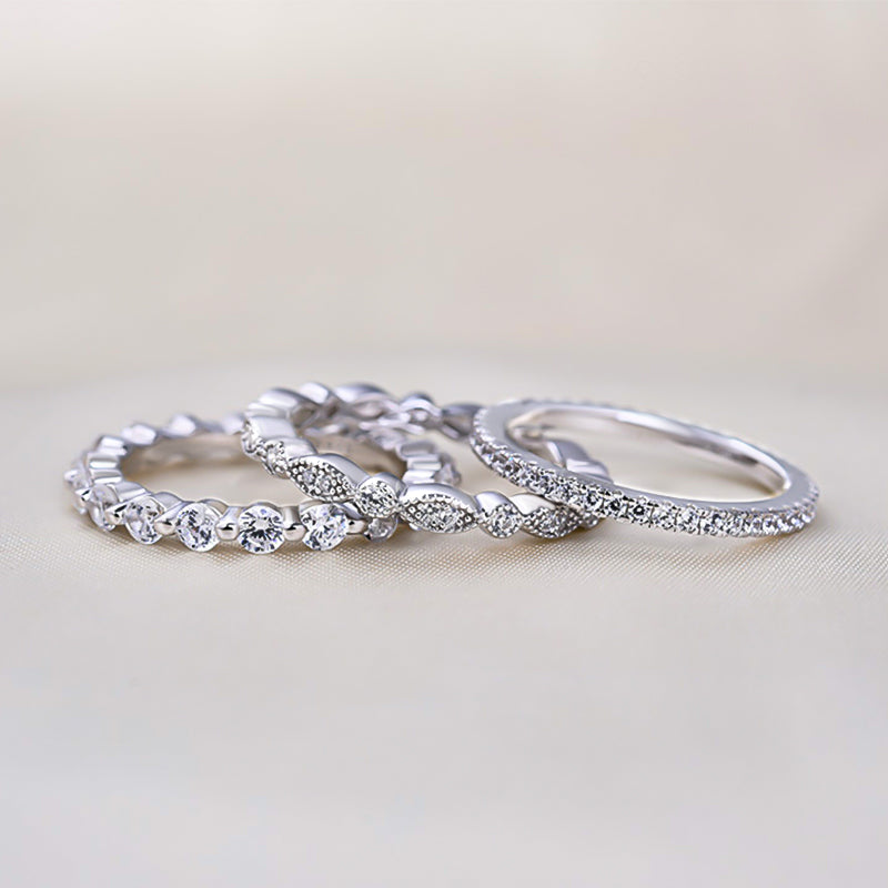 Art Deco 3-Pieces Stackable Wedding Band Set In Sterling Silver-Maxinejewelry