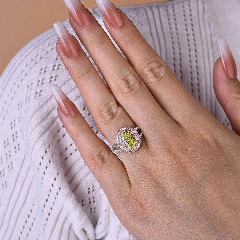 Gorgeous Double Halo Oval Cut Apple Green Engagement Ring In Sterling Silver-Maxinejewelry