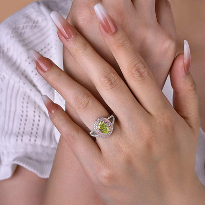 Gorgeous Double Halo Oval Cut Apple Green Engagement Ring In Sterling Silver-Maxinejewelry