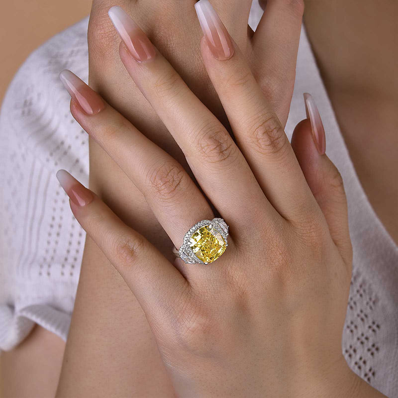 Luxurious Halo Cushion Cut Three Stone Yellow Sapphire Engagement Ring-Maxinejewelry