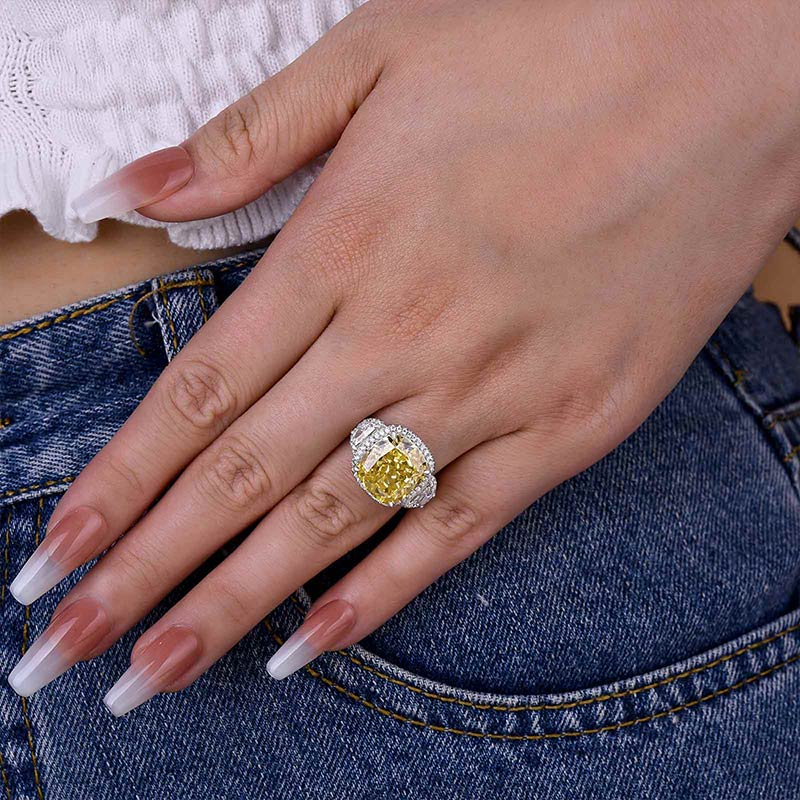 Luxurious Halo Cushion Cut Three Stone Yellow Sapphire Engagement Ring-Maxinejewelry