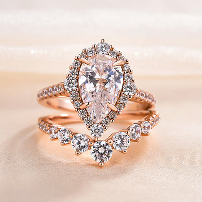 Elegant Rose Gold 2.2 Carat Halo Pear Cut Bridal Ring Set In Sterling Silver-Maxinejewelry