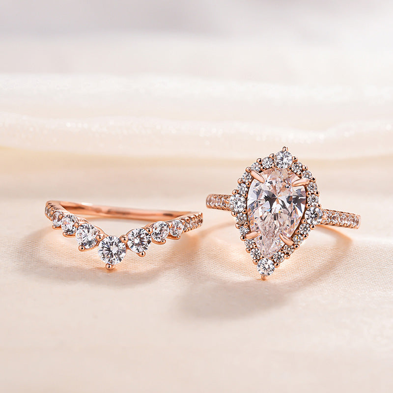 Elegant Rose Gold 2.2 Carat Halo Pear Cut Bridal Ring Set In Sterling Silver-Maxinejewelry