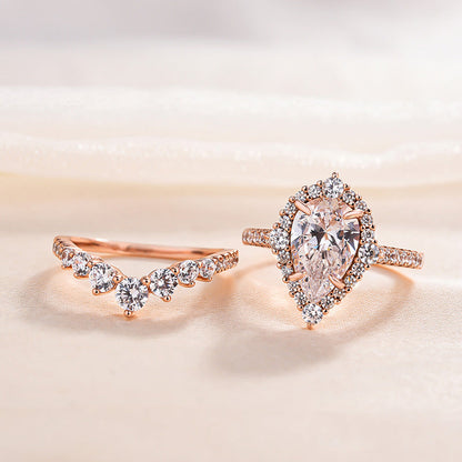 Elegant Rose Gold 2.2 Carat Halo Pear Cut Bridal Ring Set In Sterling Silver-Maxinejewelry