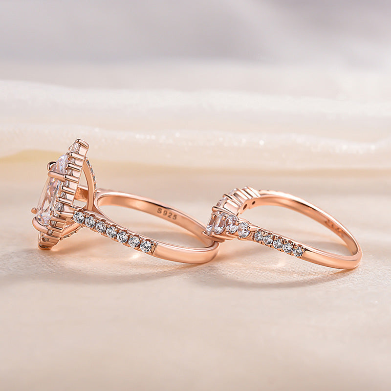 Elegant Rose Gold 2.2 Carat Halo Pear Cut Bridal Ring Set In Sterling Silver-Maxinejewelry