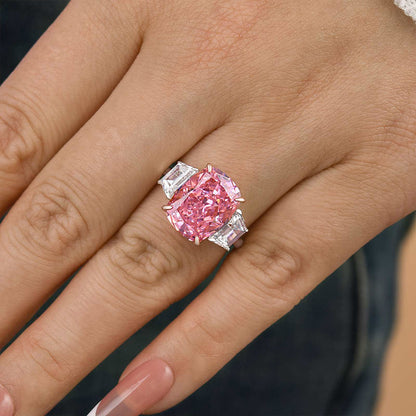 Luxury Three stone Pink Stone Cushion Cut Engagement Ring