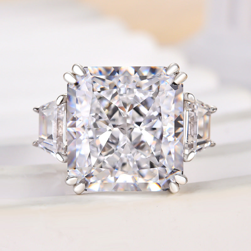 Luxurious Crushed Ice Hybrid Radiant Cut Three Stone Engagement Ring In Sterling Silver