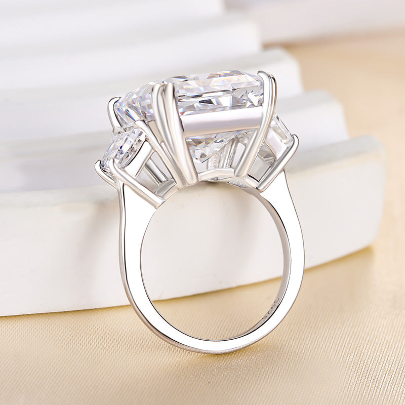 Luxurious Crushed Ice Hybrid Radiant Cut Three Stone Engagement Ring In Sterling Silver