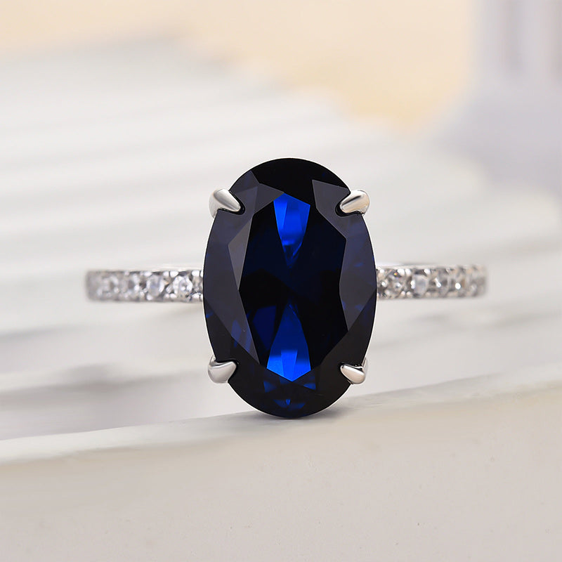 3.5 Carat Classic Blue Sapphire Oval Cut Simulated Diamond Engagement Ring In Sterling Silver