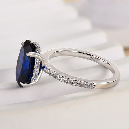 3.5 Carat Classic Blue Sapphire Oval Cut Simulated Diamond Engagement Ring In Sterling Silver