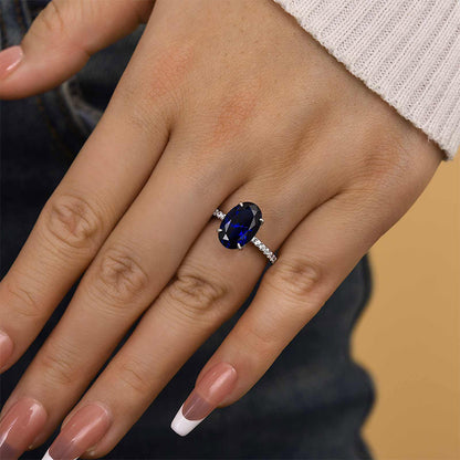 3.5 Carat Classic Blue Sapphire Oval Cut Simulated Diamond Engagement Ring In Sterling Silver