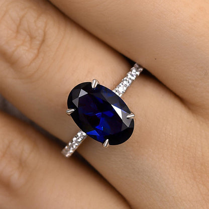 3.5 Carat Classic Blue Sapphire Oval Cut Simulated Diamond Engagement Ring In Sterling Silver