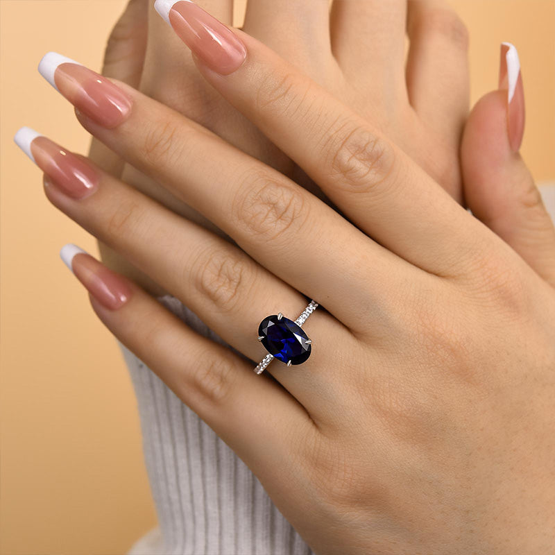 3.5 Carat Classic Blue Sapphire Oval Cut Simulated Diamond Engagement Ring In Sterling Silver