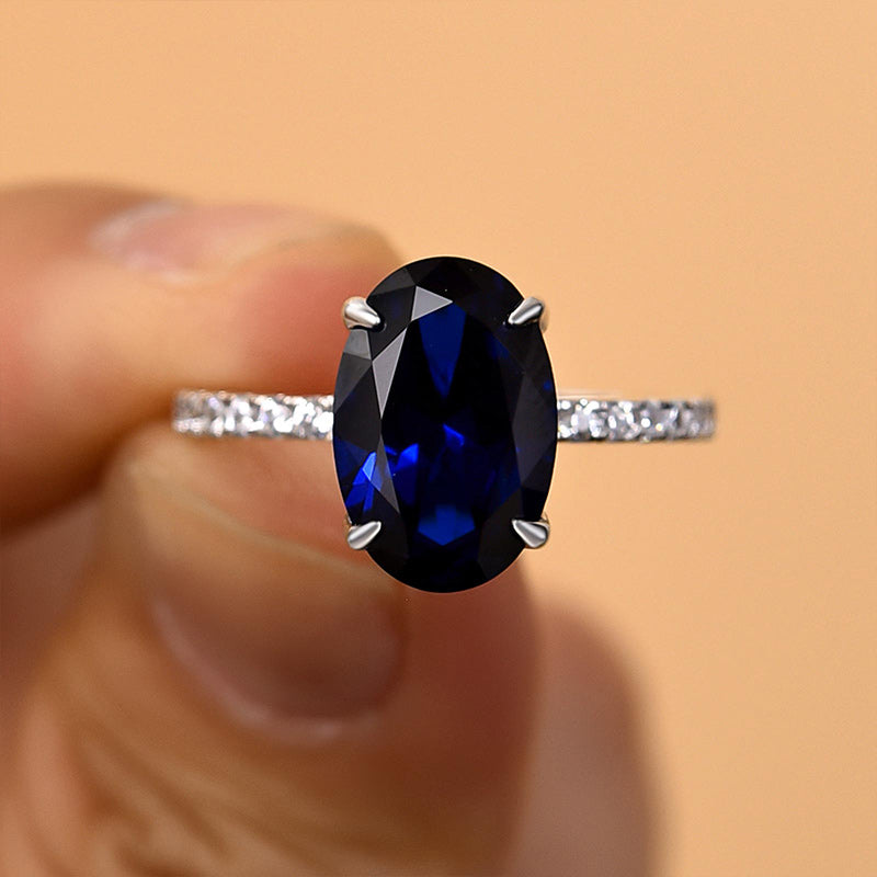 3.5 Carat Classic Blue Sapphire Oval Cut Simulated Diamond Engagement Ring In Sterling Silver