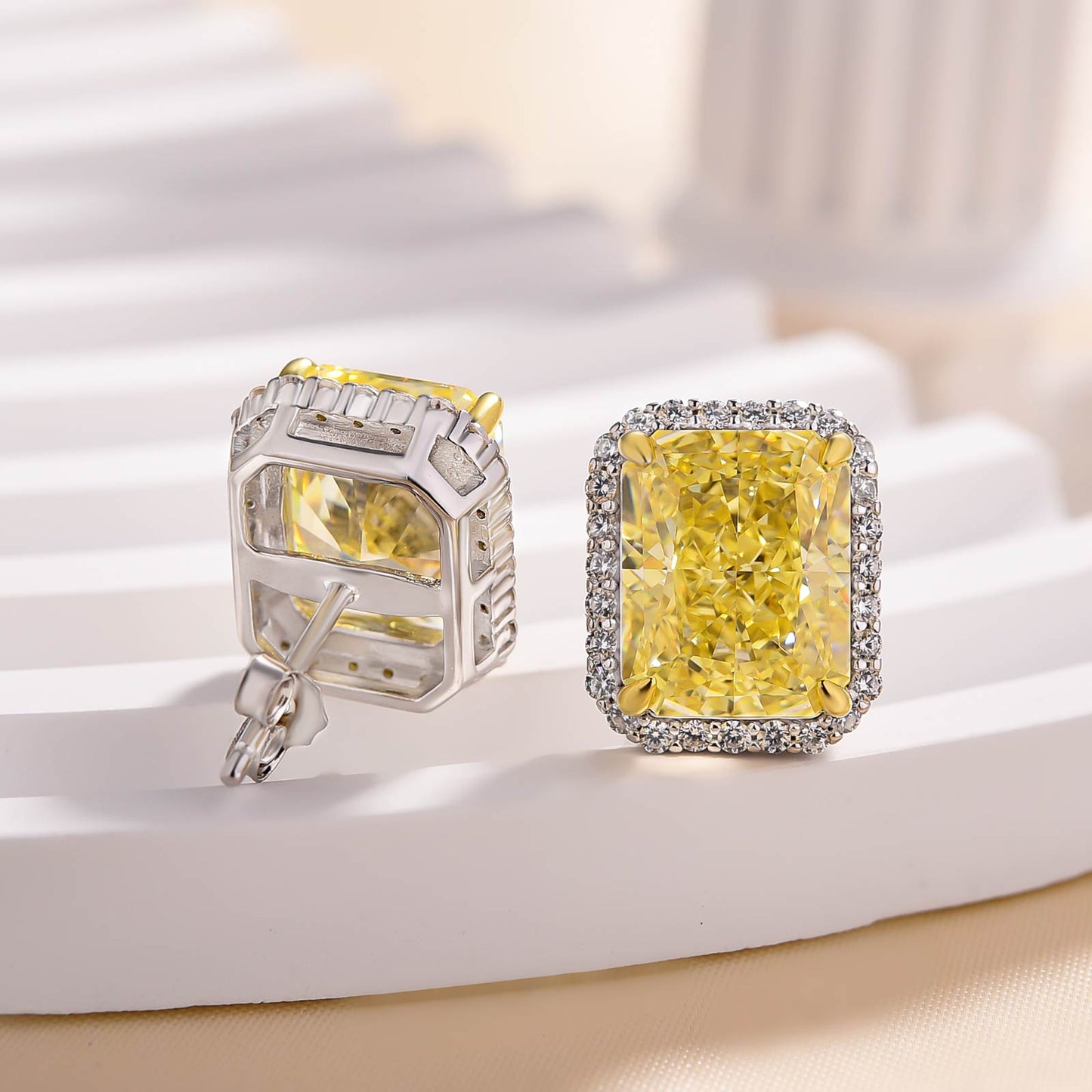 Stunning Halo Cushion Cut Yellow Sapphire Women's Stud Earring In Sterling Silver