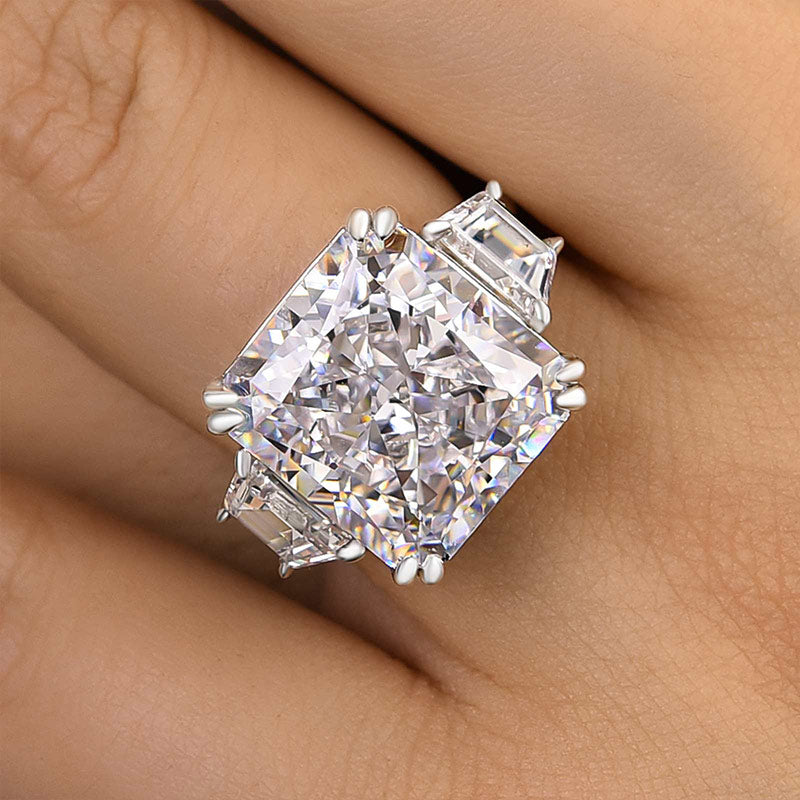 Luxurious Crushed Ice Hybrid Radiant Cut Three Stone Engagement Ring In Sterling Silver