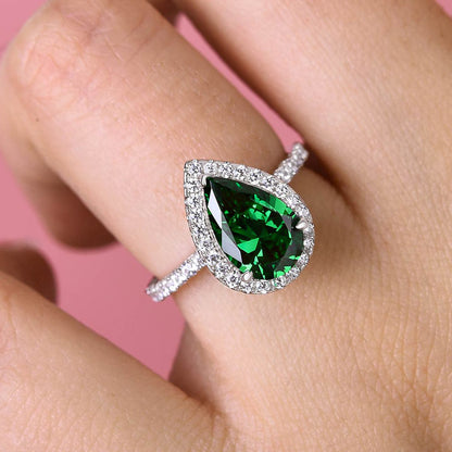 2.2 Carat Emerald Green Sapphire Halo Pear Cut Engagement Ring In Sterling Silver-Maxinejewelry