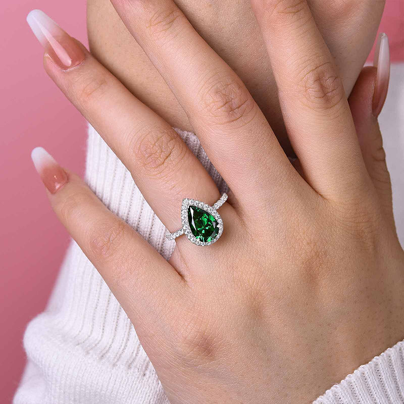 2.2 Carat Emerald Green Sapphire Halo Pear Cut Engagement Ring In Sterling Silver-Maxinejewelry