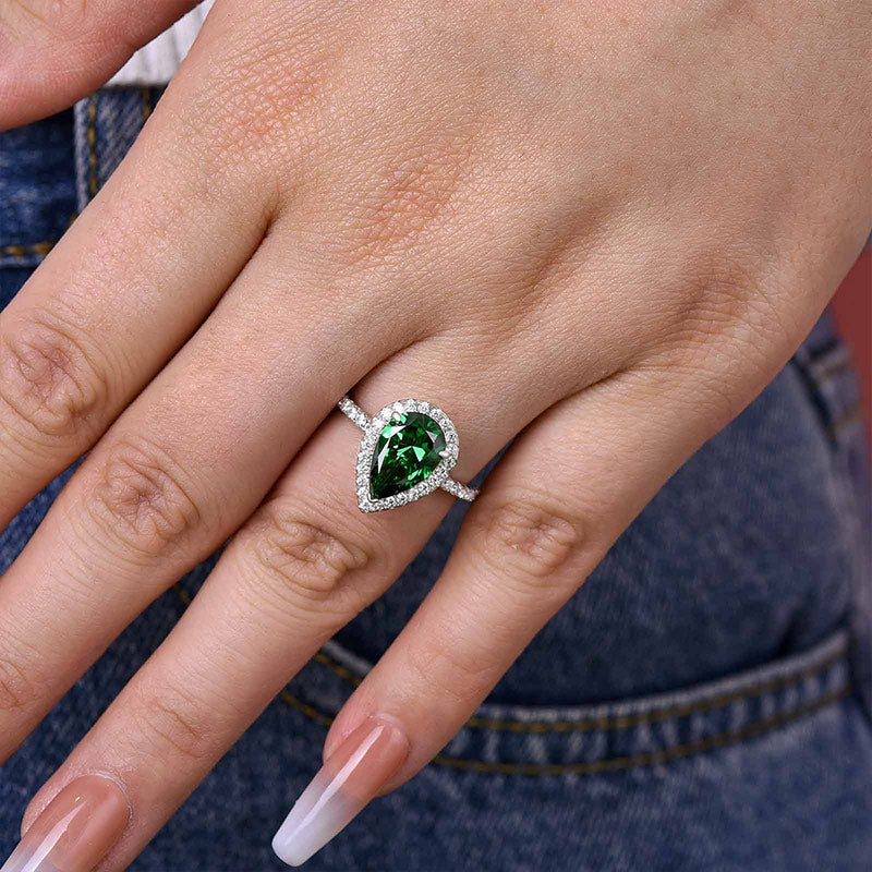 2.2 Carat Emerald Green Sapphire Halo Pear Cut Engagement Ring In Sterling Silver-Maxinejewelry