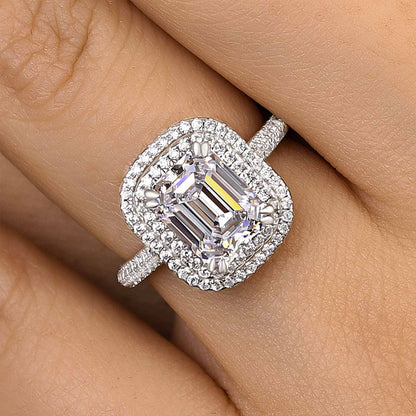 Attractive Double Halo Emerald Cut Engagement Ring