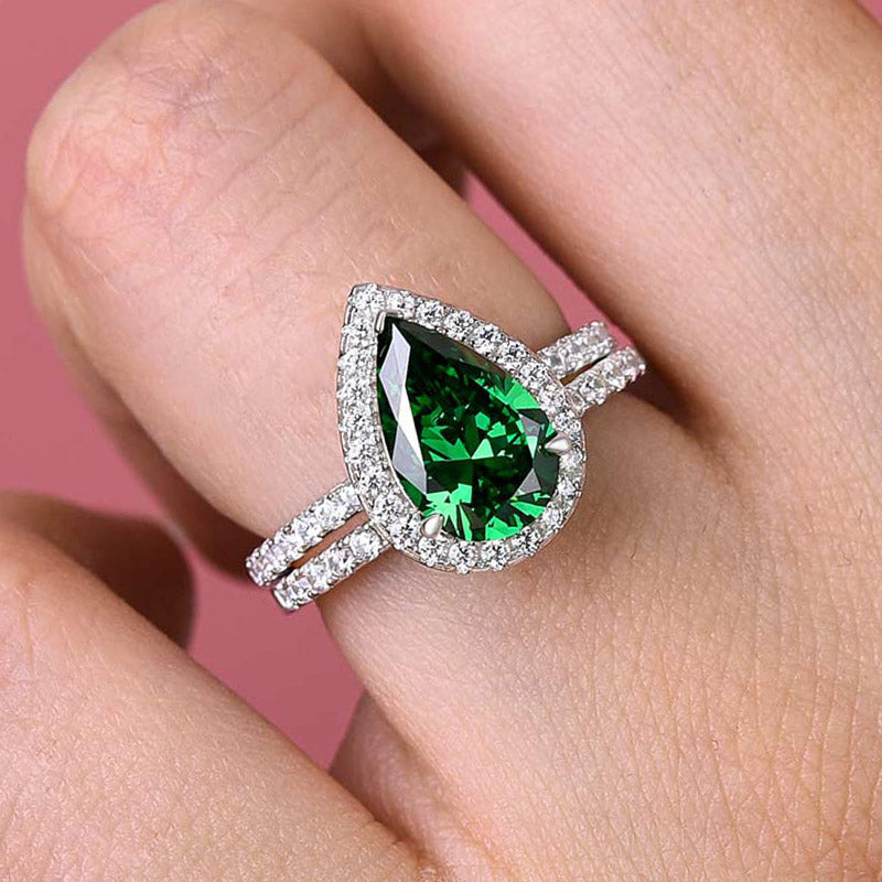 Simple 2.2 Carat Emerald Green Halo Pear Cut Wedding Set In Sterling Silver-Maxinejewelry